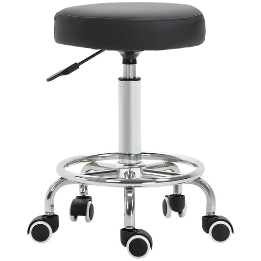 Photo of Vinsetto Round Rolling Stool, PU Leather Height Adjustable Stool Chair with Wheels and Swivel Seat for Salon, Massage, Spa, Home Kitchen, Black in Black colour on a white background