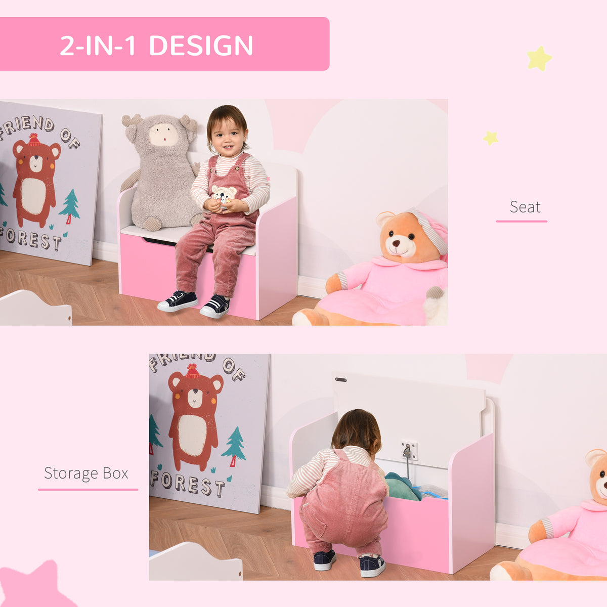 Pink toy chest bench shown as a child’s seat and open storage box.