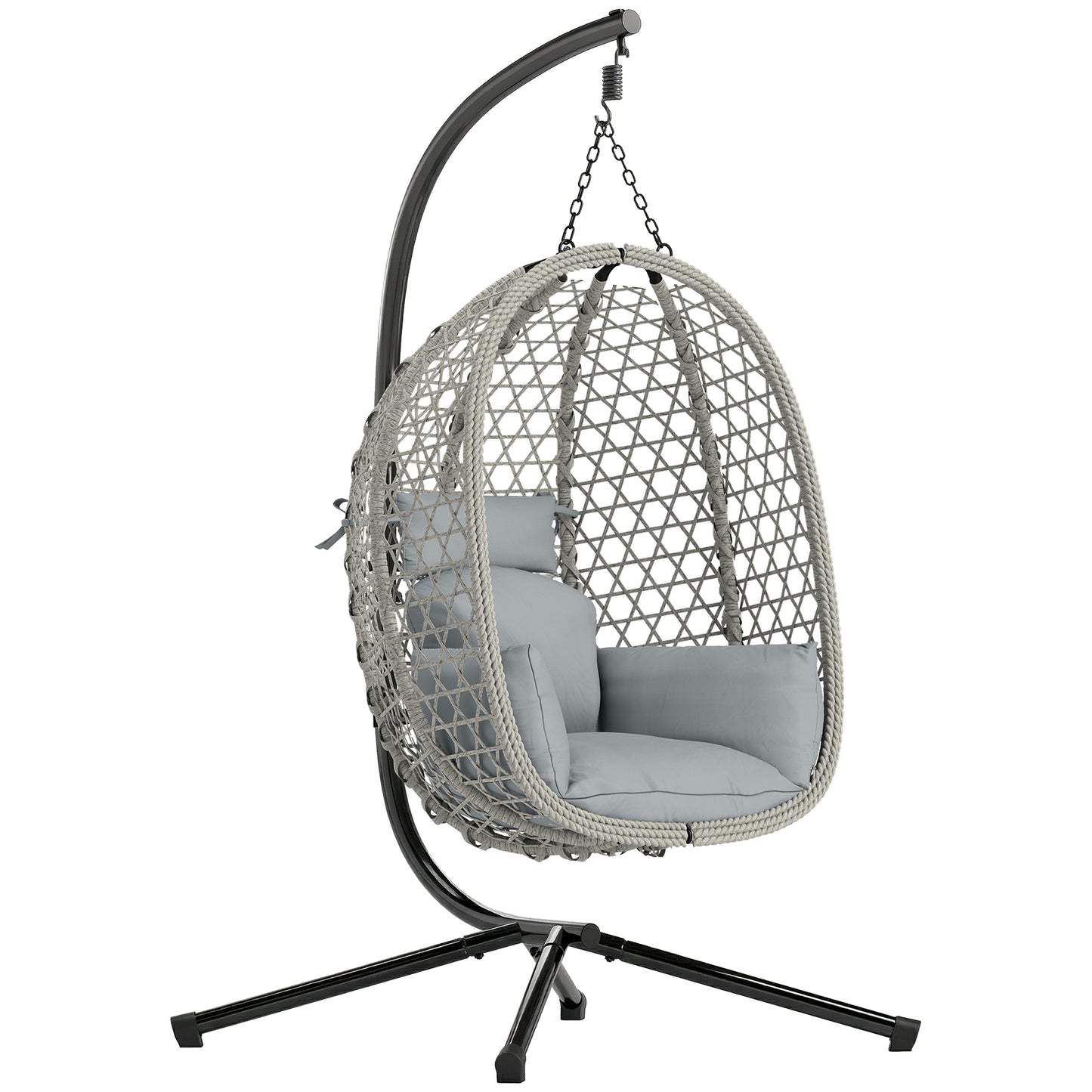 Photo of Outsunny Hanging Egg Chair, Indoor Outdoor Rattan Hammock Swing Chair with Stand, Safety Strap, Foldable Basket, Light Grey in Grey colour on a white background