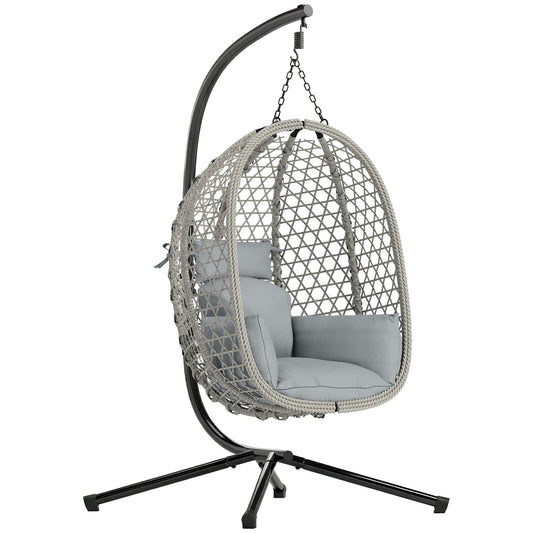 Photo of Outsunny Hanging Egg Chair, Indoor Outdoor Rattan Hammock Swing Chair with Stand, Safety Strap, Foldable Basket, Light Grey in Grey colour on a white background