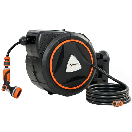 Photo of Outsunny 28+2m Retractable Hose Reel Wall Mounted with Auto Retraction, Self-Locking, Slow Return System, 12-Pattern Nozzles in Nozzles colour on a white background