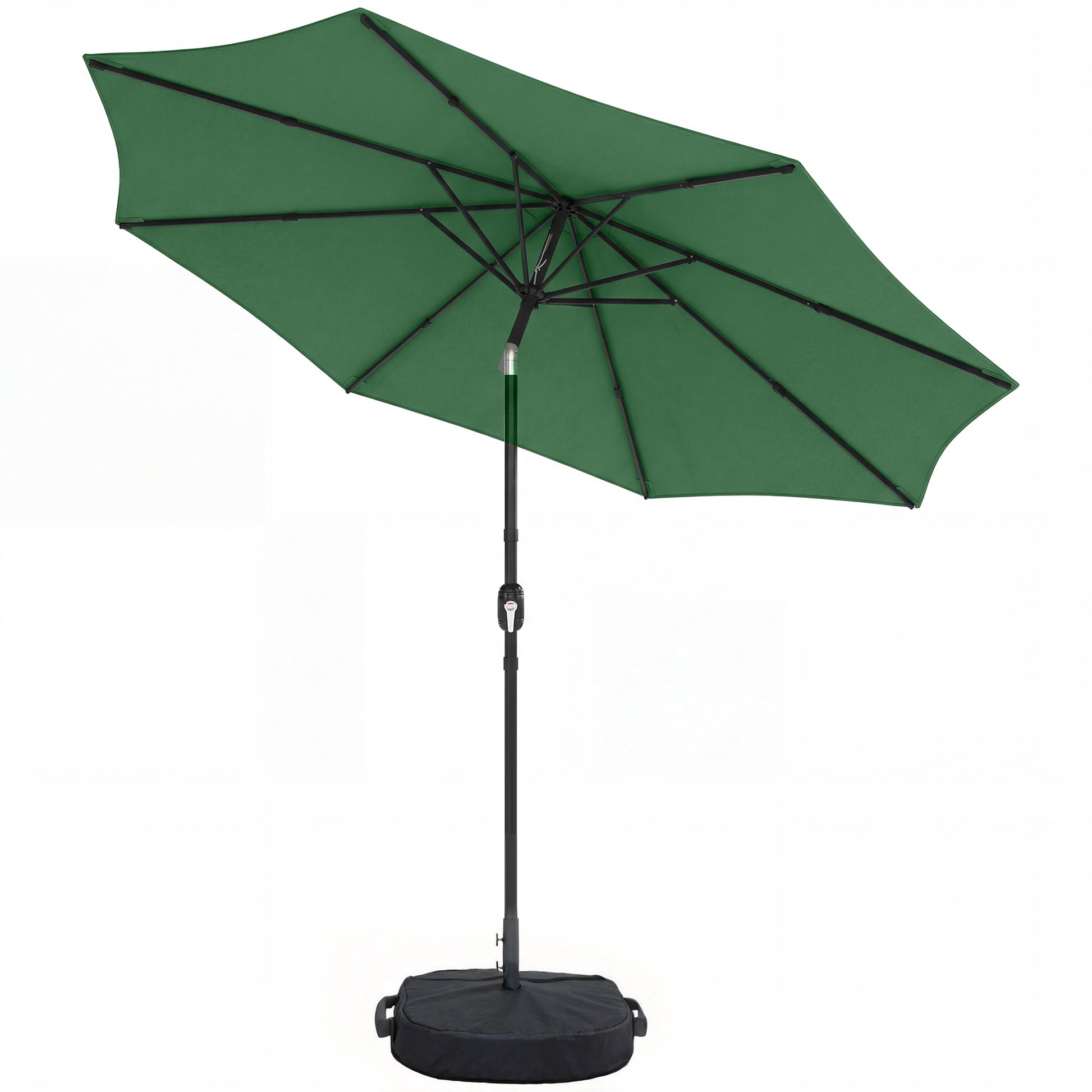 Photo of Outsunny 2.7 m Garden Parasol Umbrella with Cross Base and Sandbag, Retractable Ribs, Outdoor Table Market Umbrella, Green in Green colour on a white background