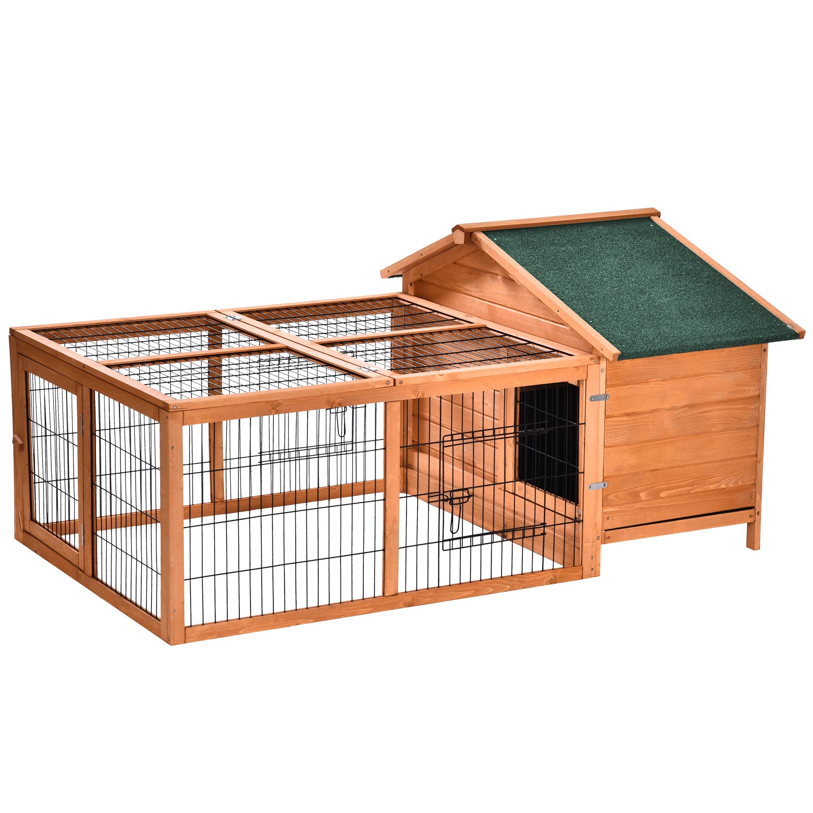 Photo of PawHut Wooden Rabbit Hutch Outdoor, Guinea Pig Hutch, Detachable Pet House Animal Cage with Openable Run & Roof Lockable Door Slide-out Tray 146 x 95 x 69cm in 69cm colour on a white background