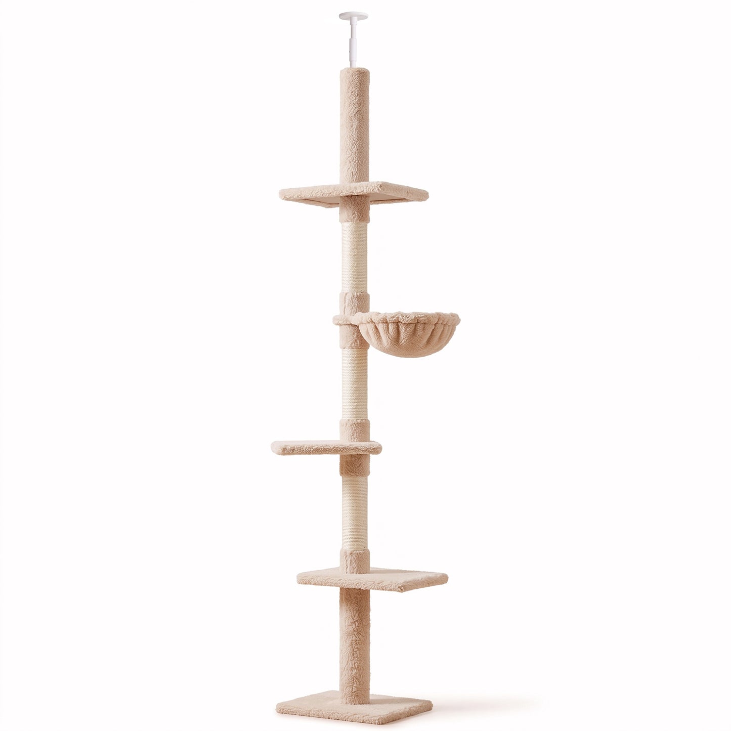 Photo of PawHut Floor to Ceiling Cat Tree 230-260cm Height Adjustable, 5-Tier Cat Tower with Scratching Posts, Hammock, Perches, Climbing Activity Centre for Indoor Kittens Playing and Relaxing, Beige in Beige colour on a white background
