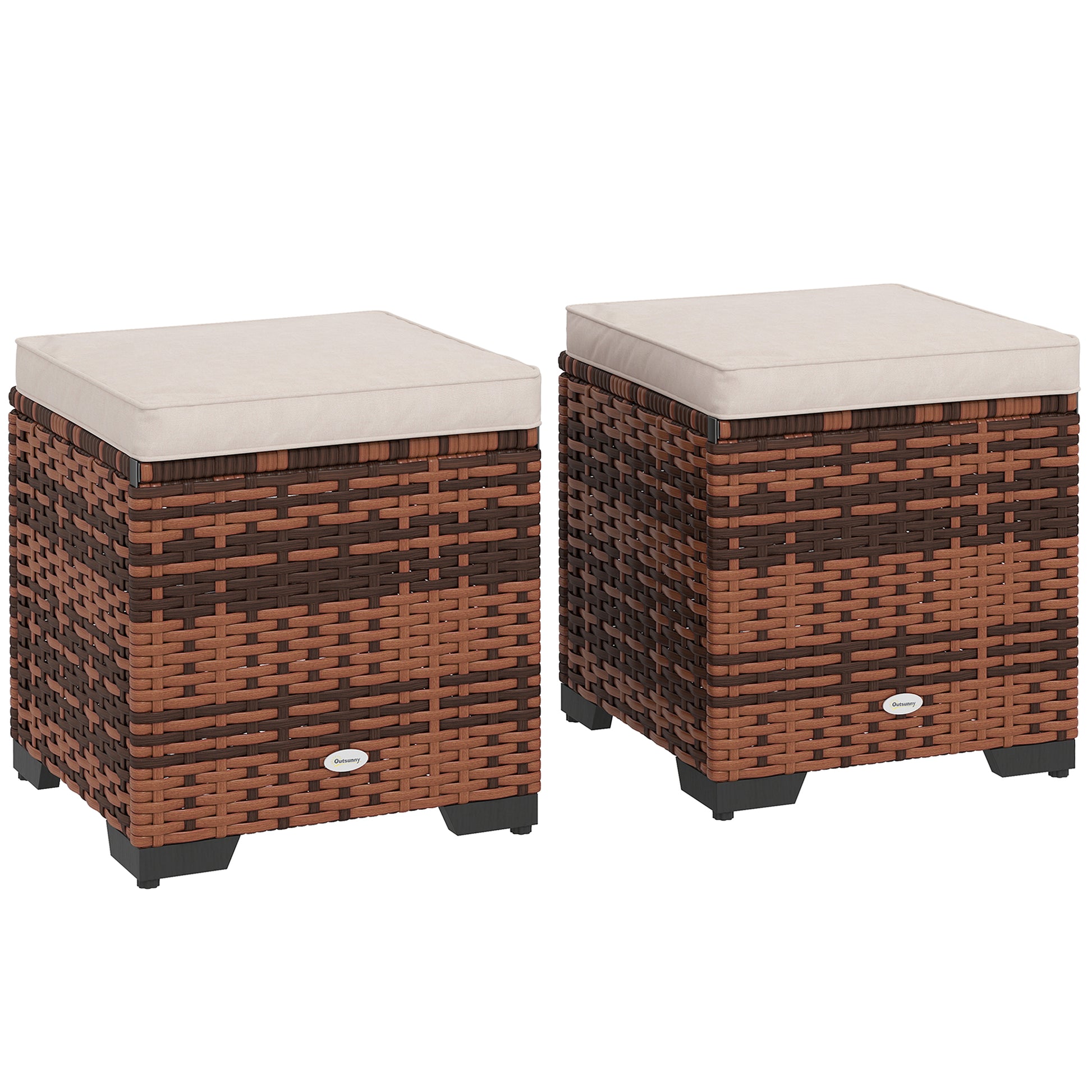 Photo of Outsunny Set of 2 Rattan Storage Ottoman, Outdoor Footstool with Removable Cushions, Garden Storage Seat for Balcony, Porch, Living Room, Beige in Beige colour on a white background