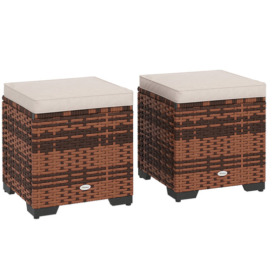 Photo of Outsunny Set of 2 Rattan Storage Ottoman, Outdoor Footstool with Removable Cushions, Garden Storage Seat for Balcony, Porch, Living Room, Beige in Beige colour on a white background