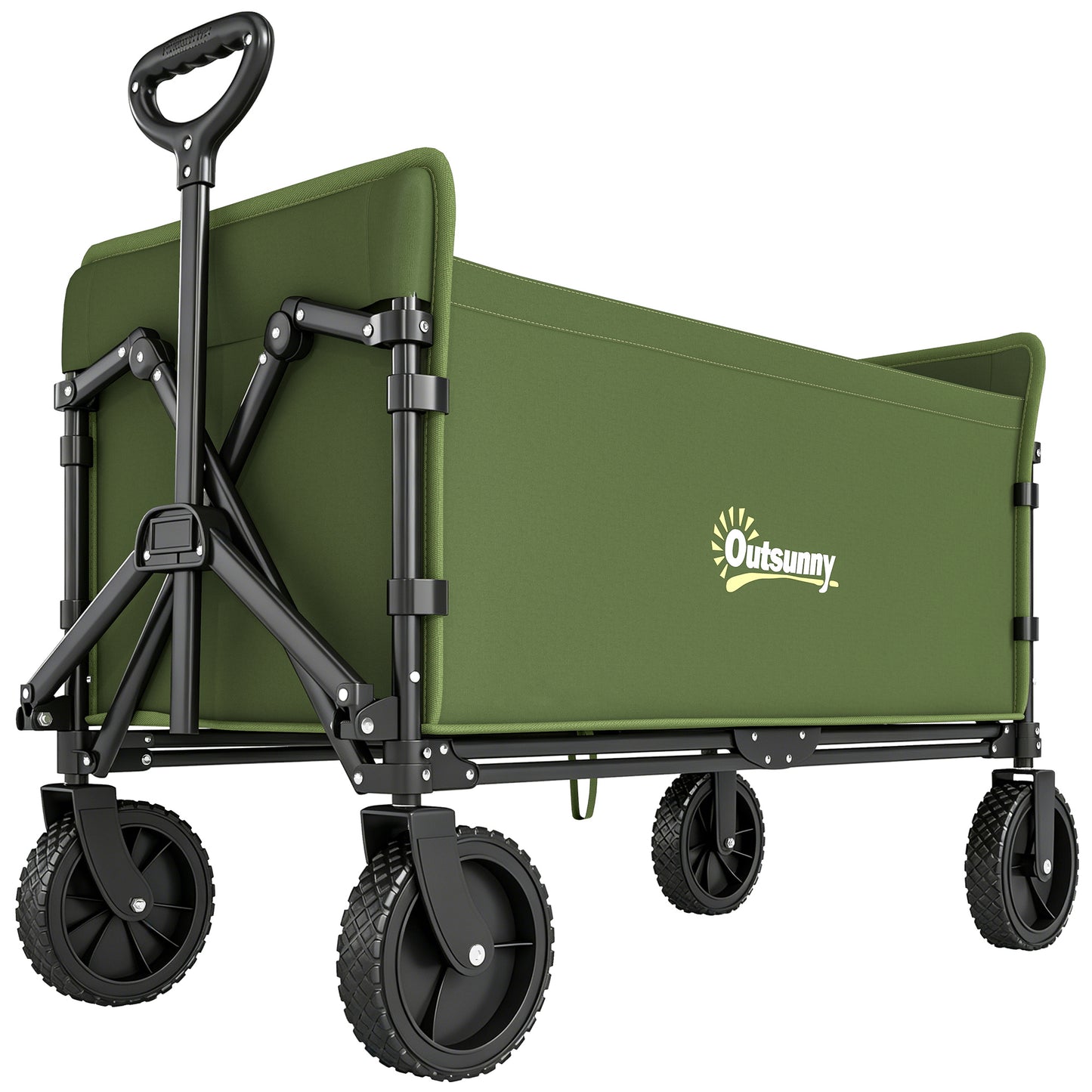 Photo of Outsunny 180L Festival Trolley on Wheels, Folding Compact Camping Trolley Cart with Adjustable Handle, 120 KG Capacity for Garden, Beach, Fishing, Green in Green colour on a white background