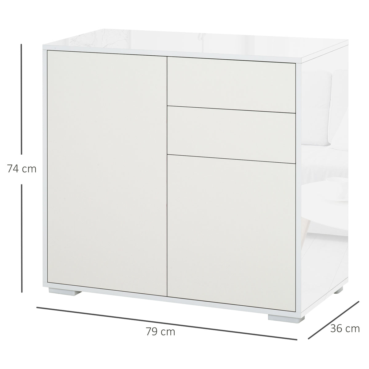 HOMCOM High Gloss Frame Sideboard, Push-Open Design with 2 Drawer for Living Room, Bedroom, 74H x 79W x 36Dcm, White