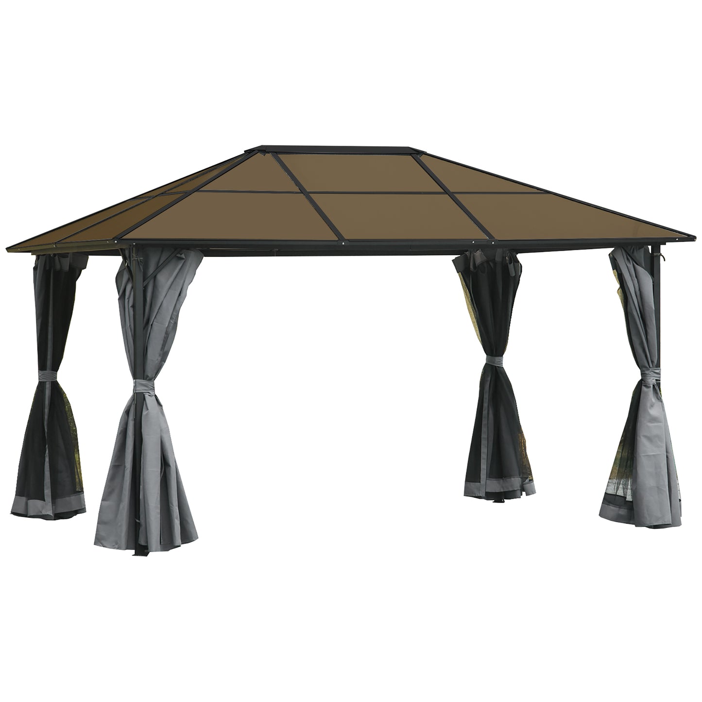 Photo of Outsunny 3 x 4m Hardtop Gazebo Canopy with Polycarbonate Roof, Aluminium Frame, Permanent Pavilion Garden Gazebo with Netting and Curtains - Grey in Grey colour on a white background