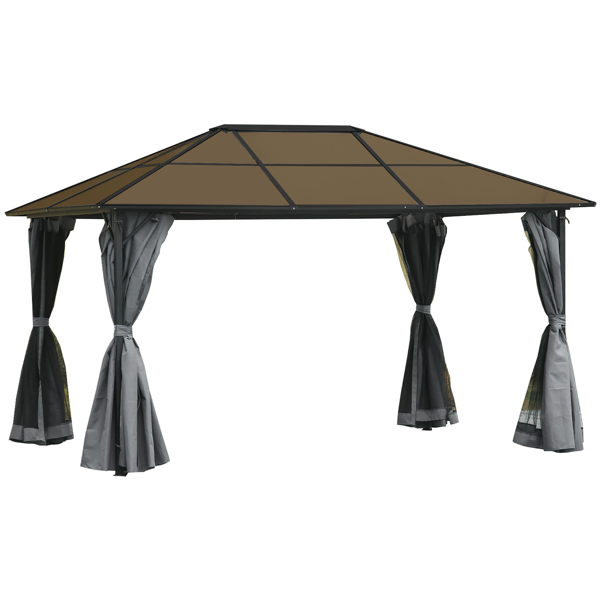 Photo of Outsunny 3 x 4m Hardtop Gazebo Canopy with Polycarbonate Roof, Aluminium Frame, Permanent Pavilion Garden Gazebo with Netting and Curtains - Grey in Grey colour on a white background