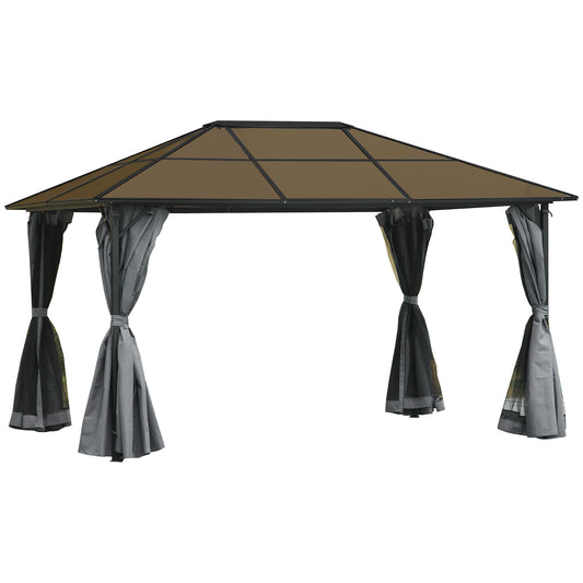 Photo of Outsunny 3 x 4m Hardtop Gazebo Canopy with Polycarbonate Roof, Aluminium Frame, Permanent Pavilion Garden Gazebo with Netting and Curtains - Grey in Grey colour on a white background