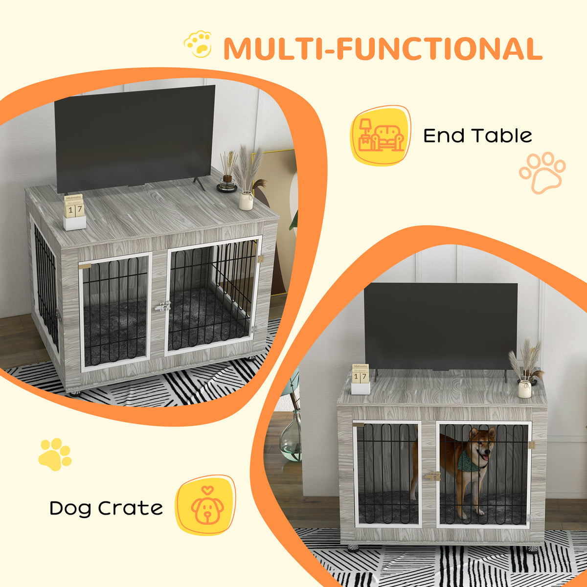 PawHut Dog Crate Furniture, Dog Cage End Table. with Soft Cushion, Double Door, for Large Dogs, Grey