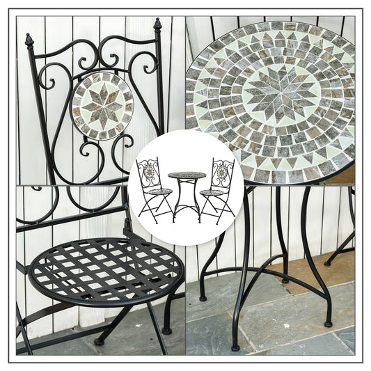 Outsunny mosaic bistro set close-up of round tiled tabletop and decorative folding chair