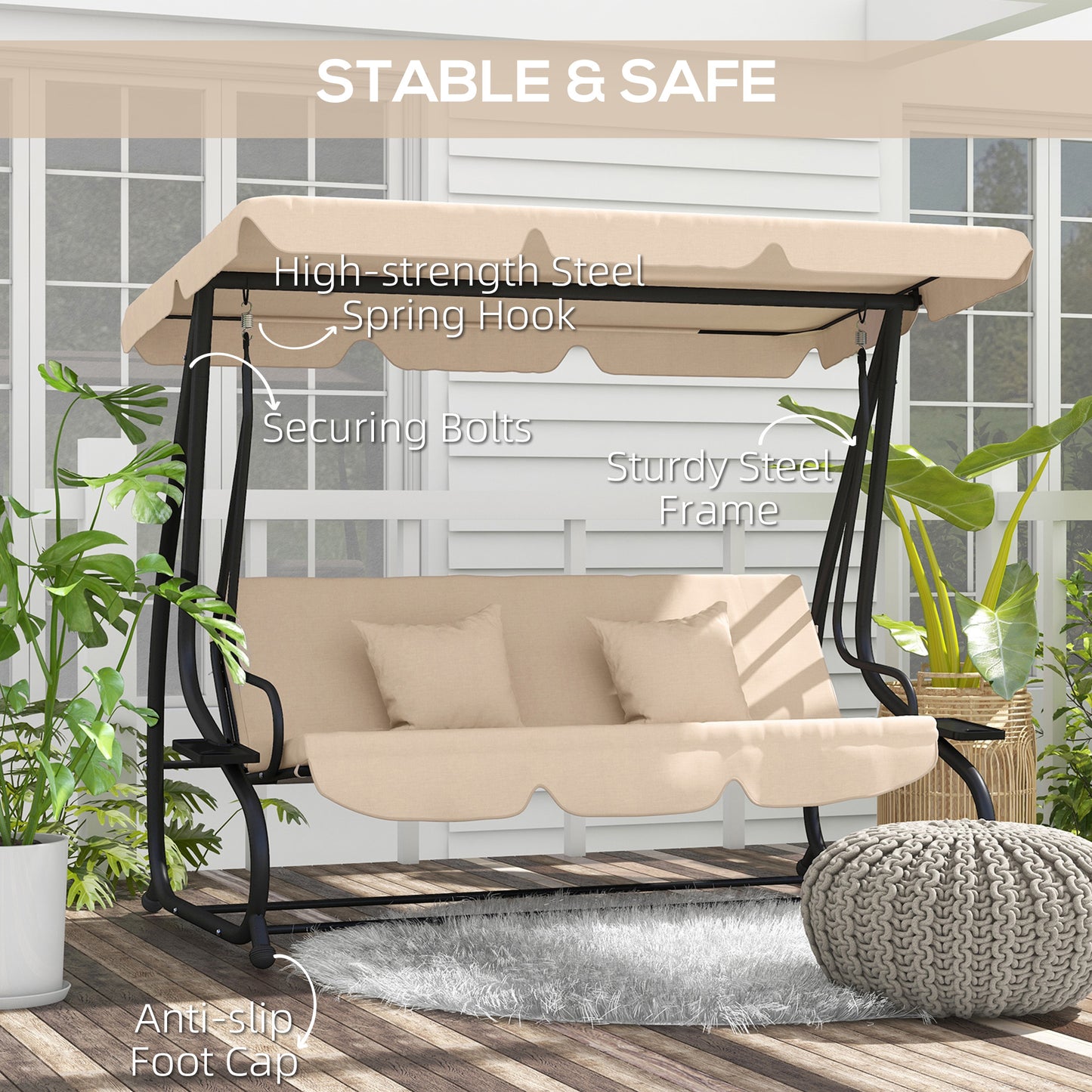 Outsunny Three-Person Garden Swing Chair, with Adjustable Canopy - Light Brown