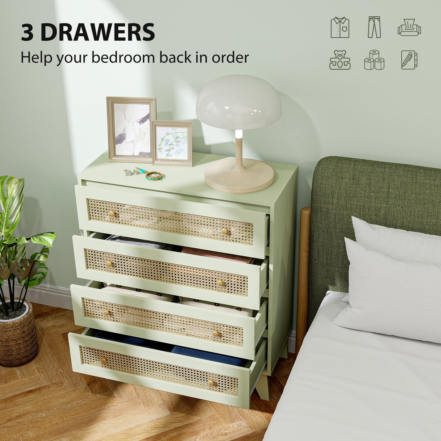 HOMCOM Rattan Chest of Drawers, 4 Drawer Storage Unit with Tapered Legs, Bedroom Storage Organiser Dresser for Bedside, Entryway, Hallway, Living Room, Light Green