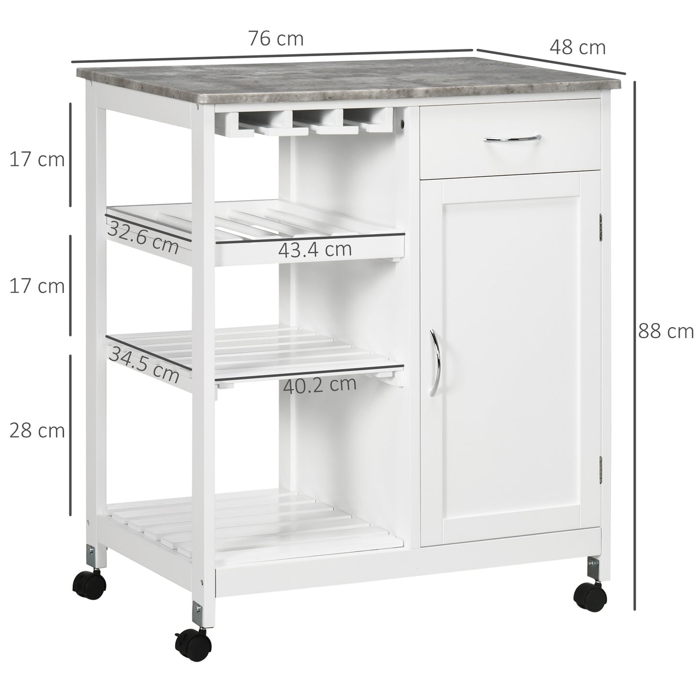 HOMCOM Kitchen Trolley with Wine Rack, Drawer, Open Shelf and Storage Cabinet for Dining Room, White