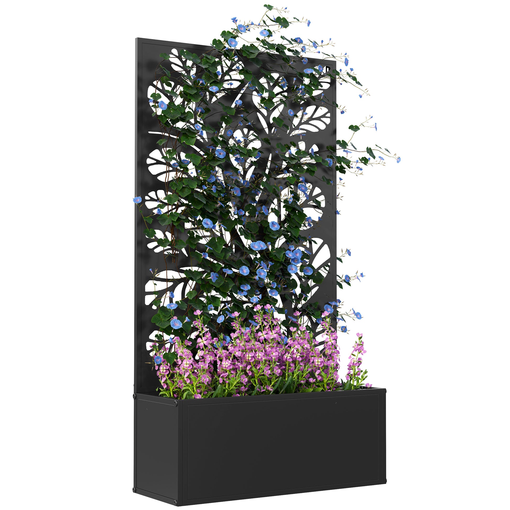 Photo of Outsunny Outdoor Metal Planter, with Back Trellis - Black in Black colour on a white background