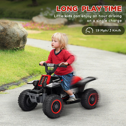 Child riding a black and red AIYAPLAY electric quad bike with chunky tires
