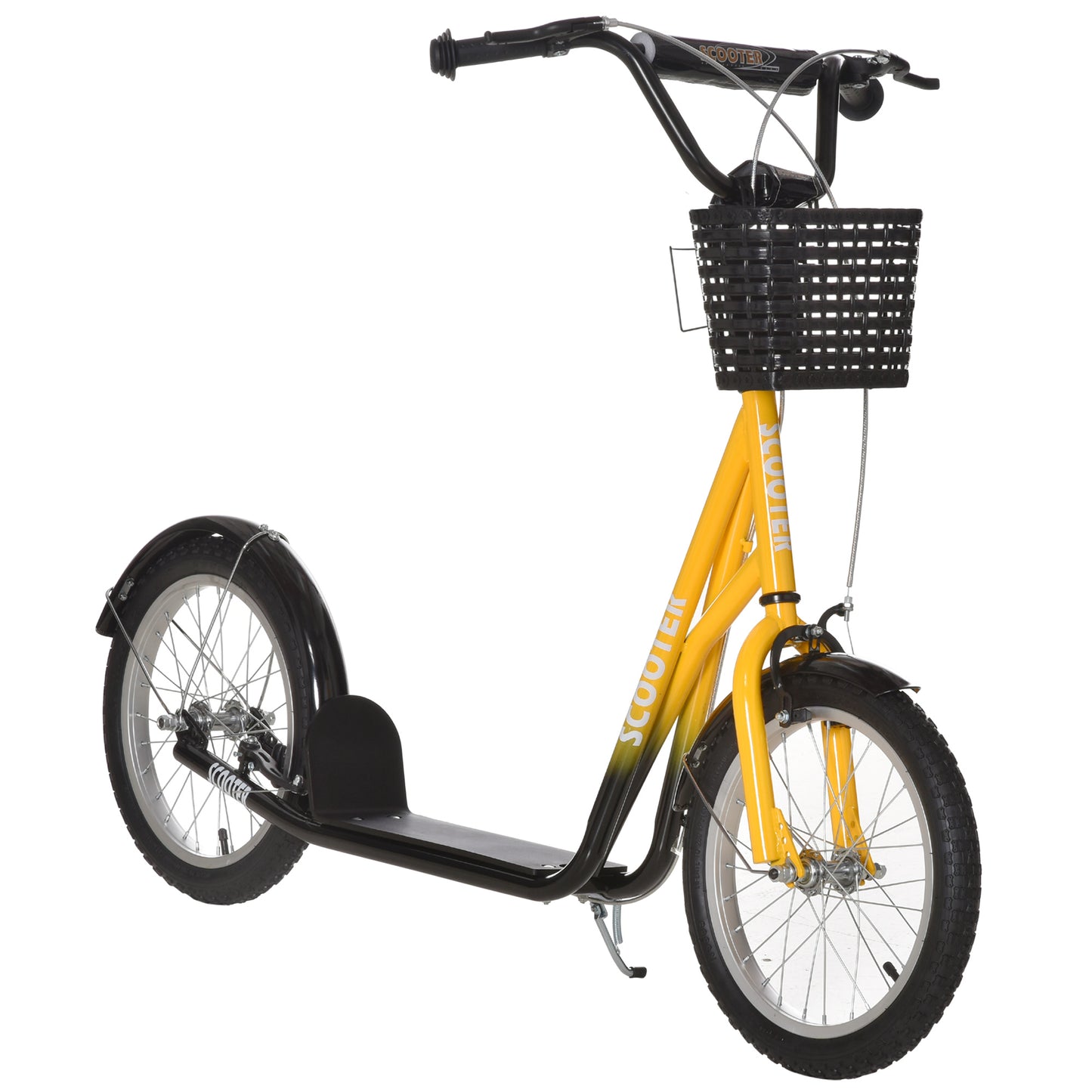 Photo of HOMCOM Kids Scooter, Kick Stunt Scooter with Adjustable Handlebar, Dual Brakes, Basket, Cupholder, Mudguard, 16" Inflatable Rubber Wheels, for 5-12 years, Orange in Orange colour on a white background