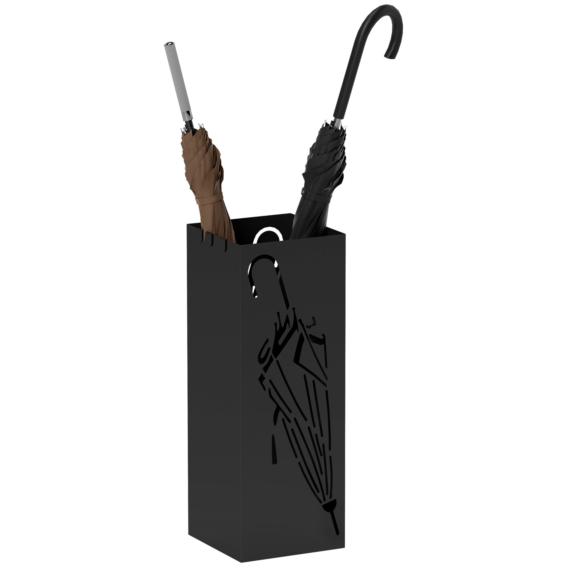 Photo of HOMCOM Metal Umbrella Stand, Square Umbrella Holder with 4 Hooks and Removable Drip Tray, Decorative Umbrella Storage Rack for Entryway, Hallway, 15.5 x 15.5 x 41 cm, Black in Black colour on a white background