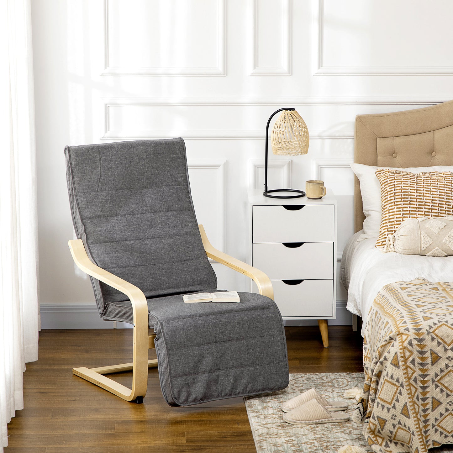 HOMCOM Wooden Armchair, Upholstered Linen Lounge Chair with Adjustable Footrest & Removable Cushion, Poang Chair for Living Room, Dark Grey