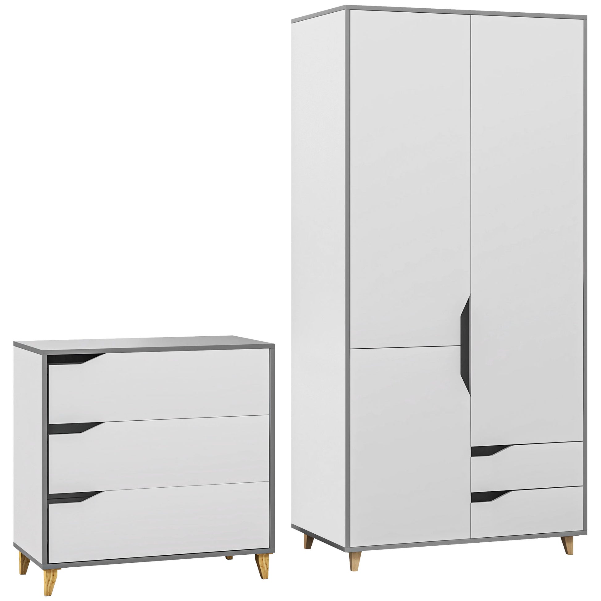 Photo of HOMCOM Bedroom Furniture Set, Wardrobe with Hanging Rail, 3 Drawer Chest of Drawers with Cut-out Handles, Grey and White in White colour on a white background