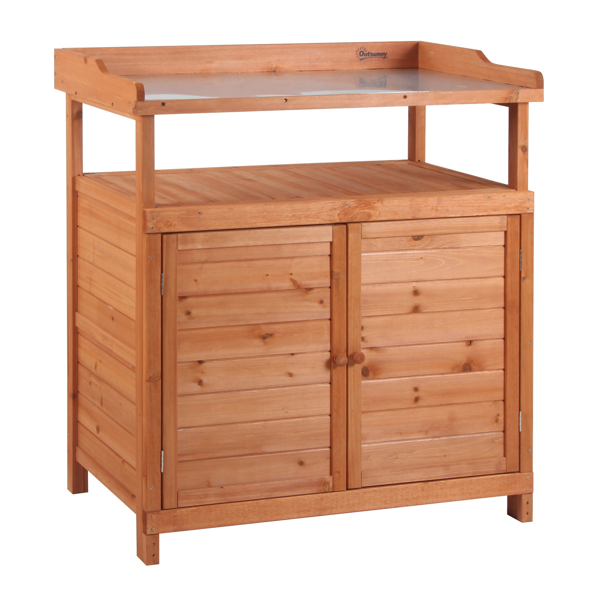 Photo of Outsunny Multi-function Potting Bench Table w/ Storage Cabinet and Galvanized Table Top, Wooden Planting Workstation, 98cm x 47cm x 105cm in 105cm colour on a white background