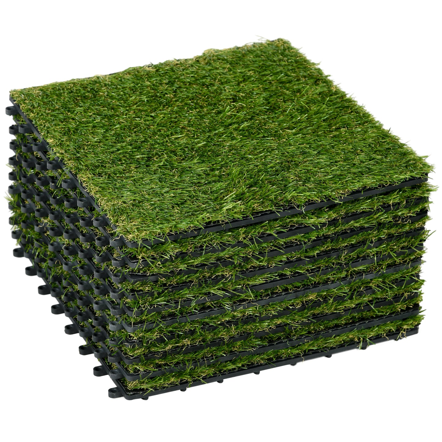Photo of Outsunny 10-Piece Artificial Grass Set, Weatherproof Turf Tiles, 25mm Pile Height, Outdoor Carpet for Garden, Balcony & Patio, 30 x 30cm, Dark Green in Green colour on a white background