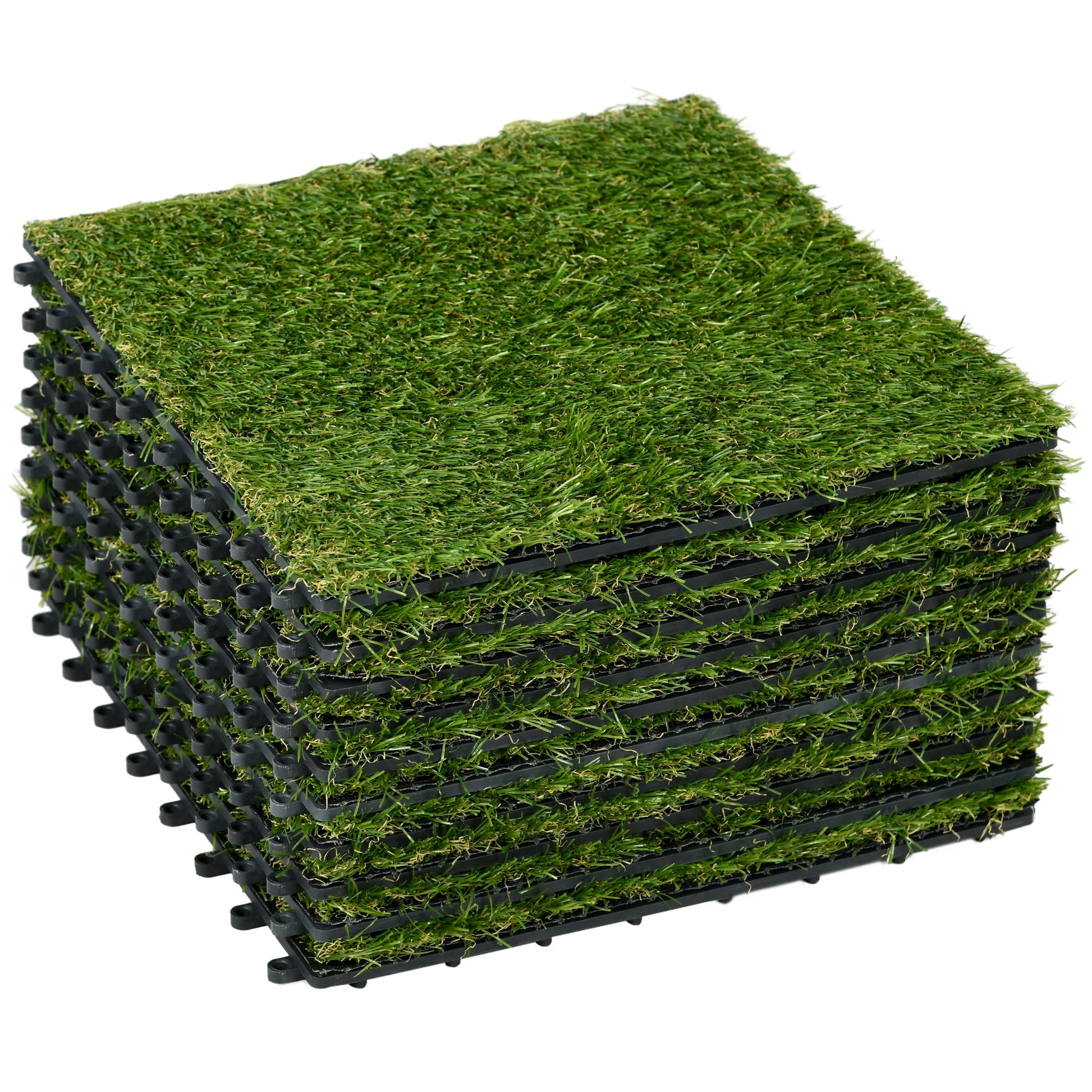 Photo of Outsunny 10-Piece Artificial Grass Set, Weatherproof Turf Tiles, 25mm Pile Height, Outdoor Carpet for Garden, Balcony & Patio, 30 x 30cm, Dark Green in Green colour on a white background
