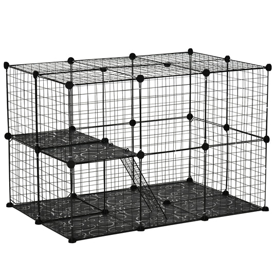 Photo of PawHut Pet Playpen DIY Small Animal Cage Enclosure Metal Wire Fence 39 Panels with 3 Doors 2 Ramps for Kitten Bunny Chinchilla Pet Mink Black in Black colour on a white background