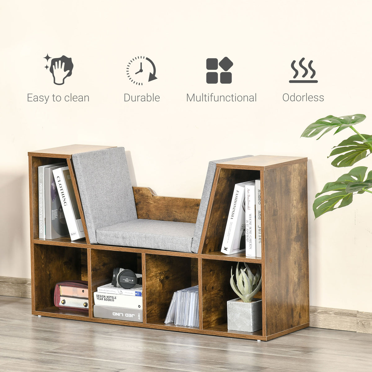 Rustic brown multifunctional cube bookshelf with a gray reading seat