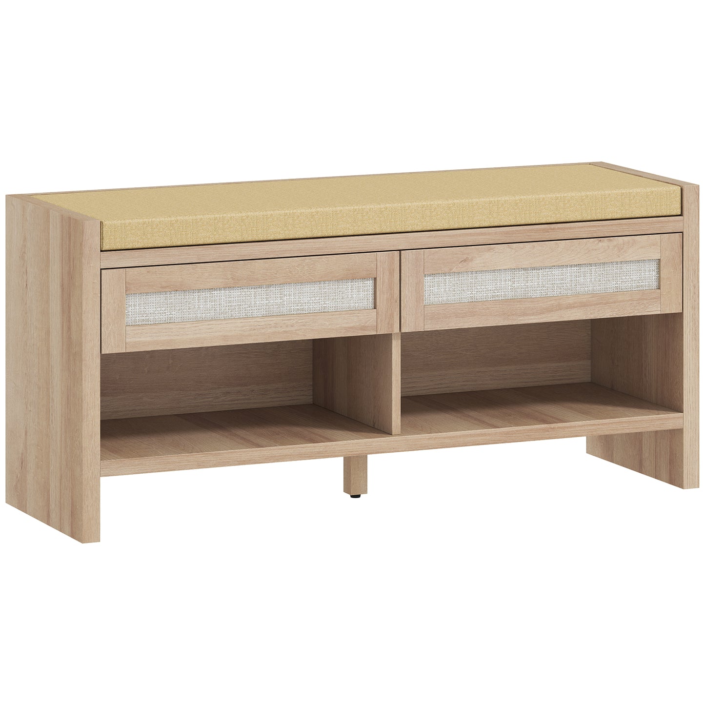 Photo of HOMCOM Boho Shoe Bench with 2 Rattan Drawers, Shoe Storage Bench with Cushioned Seat and Open Shelf Oak Wood Effect in Effect colour on a white background