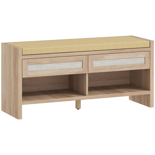 Photo of HOMCOM Boho Shoe Bench with 2 Rattan Drawers, Shoe Storage Bench with Cushioned Seat and Open Shelf Oak Wood Effect in Effect colour on a white background