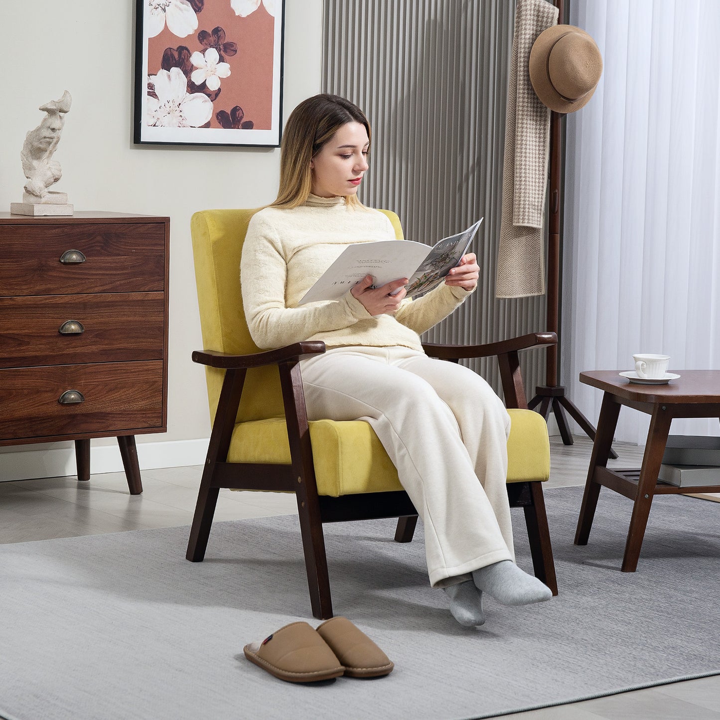 HOMCOM Nordic Accent Chair, Upholstered Velvet Armchair with Solid Wood Frame and Soft Thick Padded for Living Room, Bedroom, Champagne