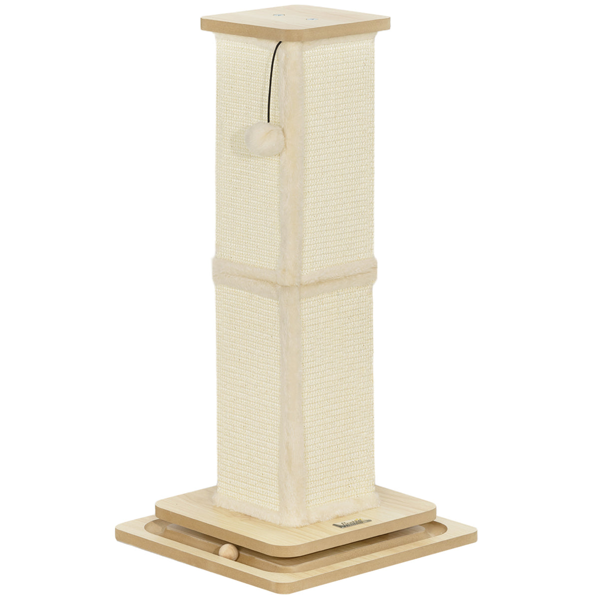 PawHut 3-in-1 cat scratching post with sisal panels, oak-tone platforms, hanging ball and track rail