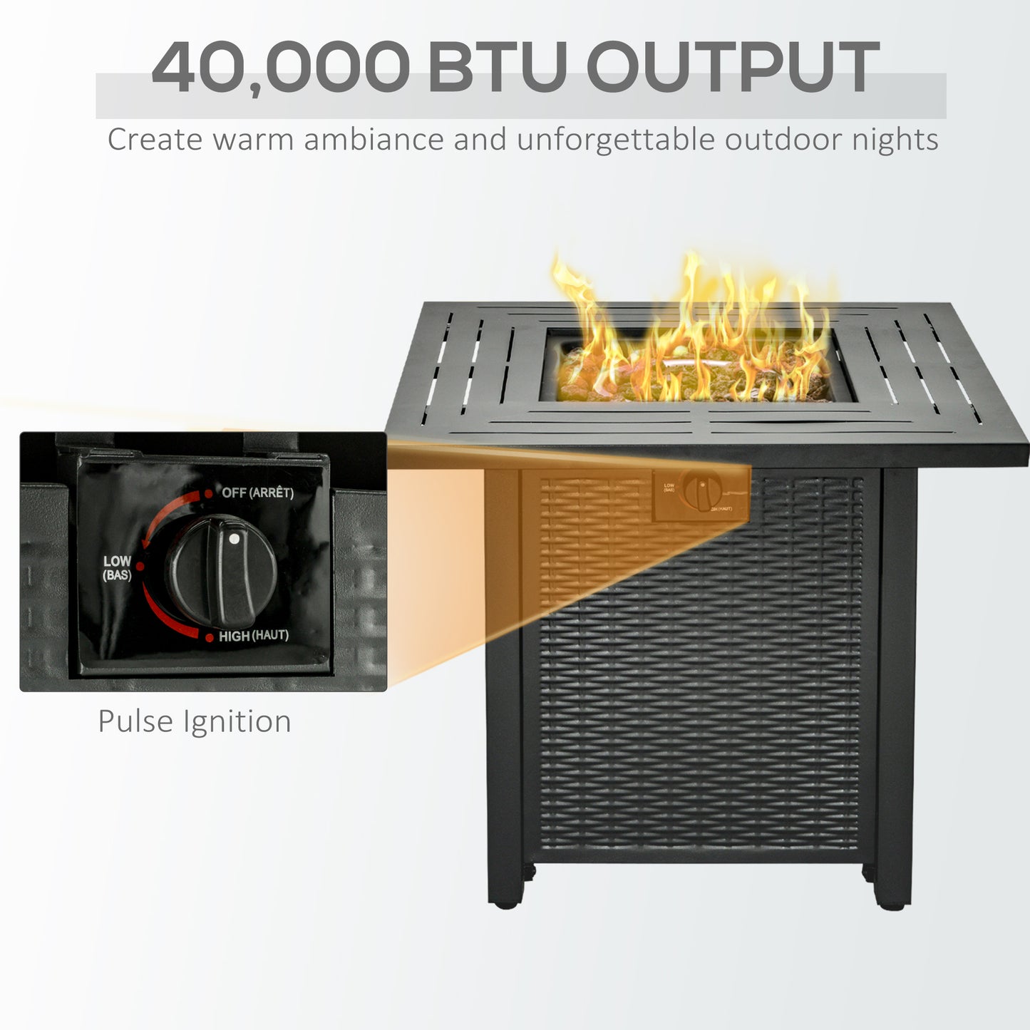 Outsunny Square Propane Gas Fire Pit Table, 40000 BTU Rattan Smokeless Firepit Patio Heater with Protective Cover, Glass beads and Lid, 71cm x 71cm x 63cm, Black