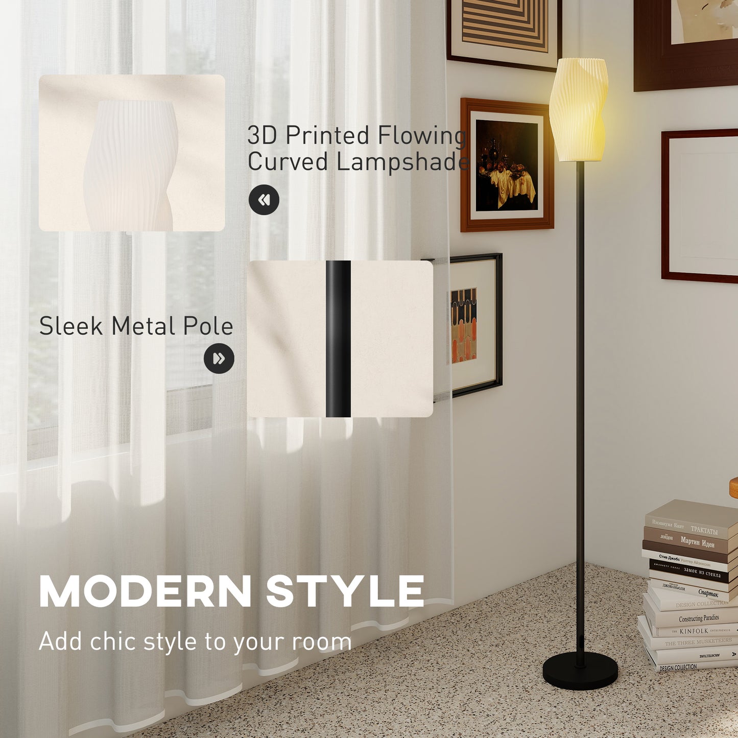 HOMCOM Floor Lamp for Living Room, 3D Printed Modern Standing Lamp with Flowing Curved Shade, 3 Colour Temperature & Foot Switch, Minimalist Tall Pole Lampshade for Bedroom, Office, White