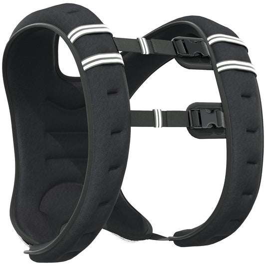 Black weighted vest with reflective shoulder strips and two adjustable buckle straps