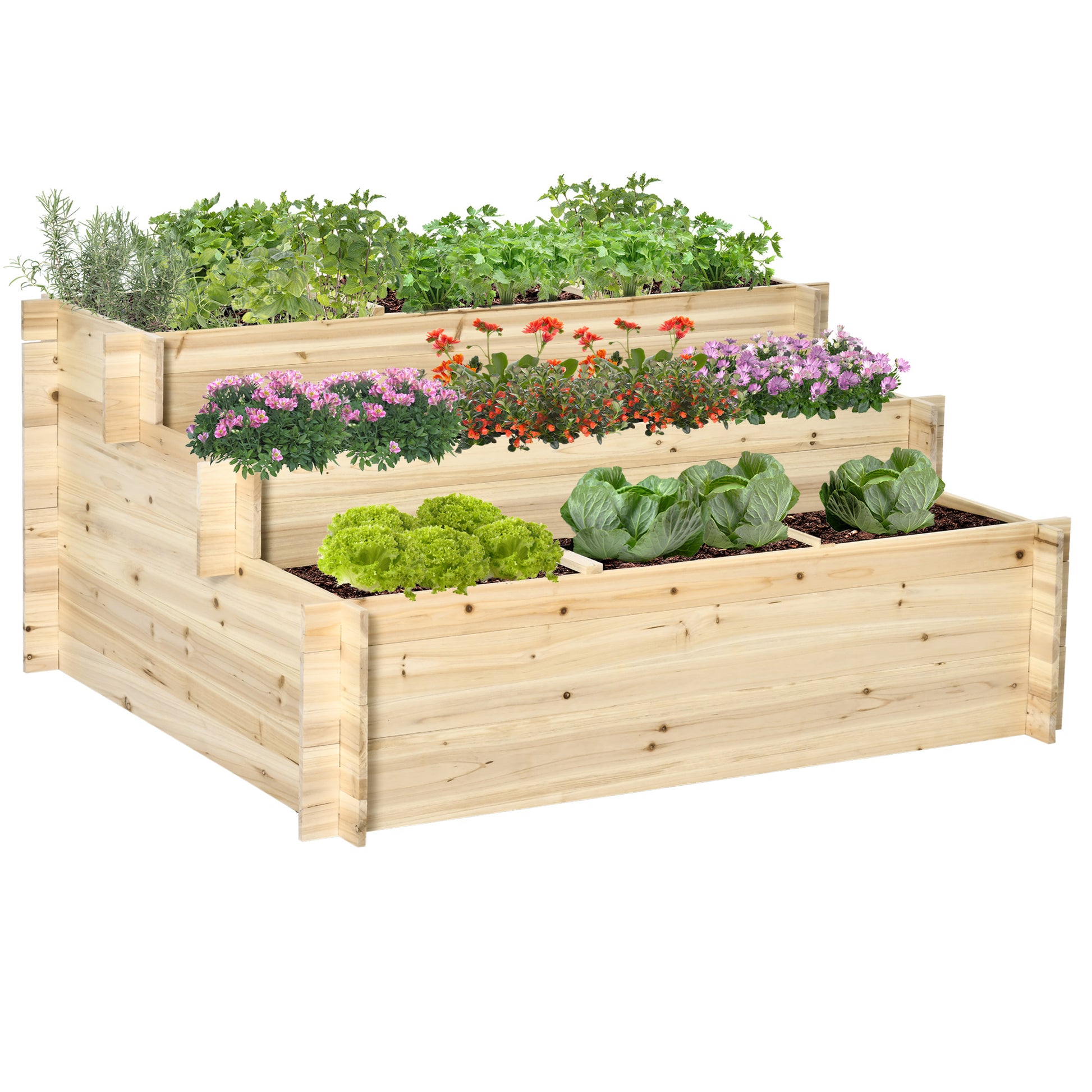 Photo of Outsunny 117cm x 100cm x 54cm 3 Tier Raised Garden Bed 376L Fir Wood Elevated Planter Flower Box with 9 Grow Grids and Non-woven Fabric for Vegetables, Flower, Herb Outdoor Indoor Use in Use colour on a white background
