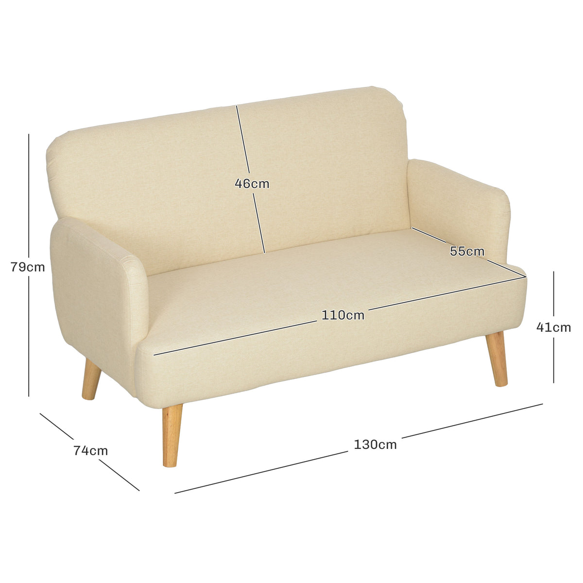 HOMCOM cream loveseat with dimension labels for its seat, back, and overall size