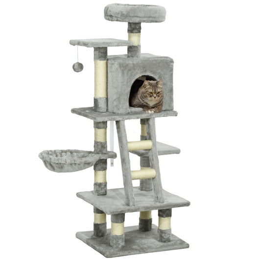 Photo of PawHut 132cm Cat Tree with Scratching Post, House, Hammock, Toy Balls - Grey in Grey colour on a white background