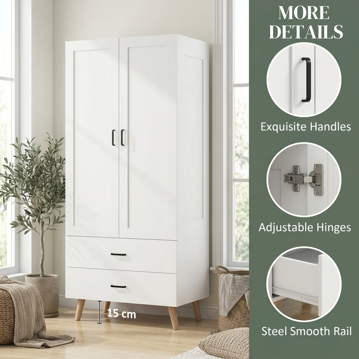 HOMCOM 2-Door Wardrobe, Modern Wardrobe with 2 Drawers and Hanging Rail for Bedroom, White