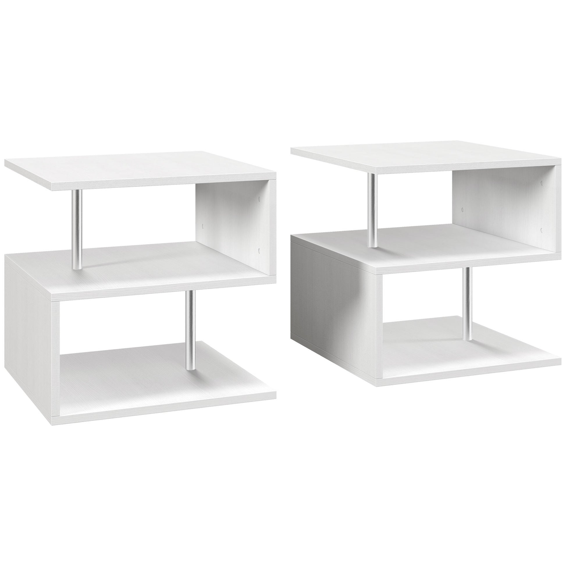 Photo of HOMCOM Wooden S Shape Cube Coffee Table 2 Tier Storage Shelves Organiser Office Bookcase Living Room End Desk Stand Display Set of 2 (White) in (White) colour on a white background