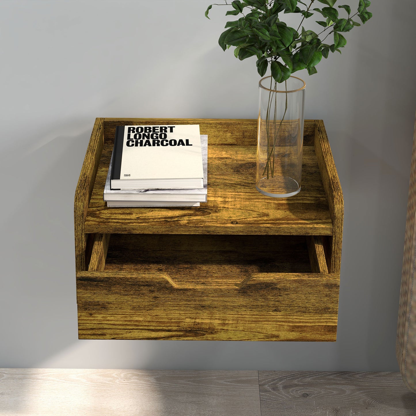 HOMCOM Floating Nightstands Set of 2, Wall Mounted Bedside Table with Drawer for Bedroom, Rustic Brown
