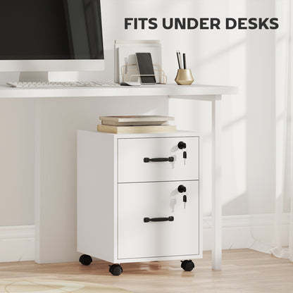 White rolling file cabinet with two lockable drawers fitted beneath a desk