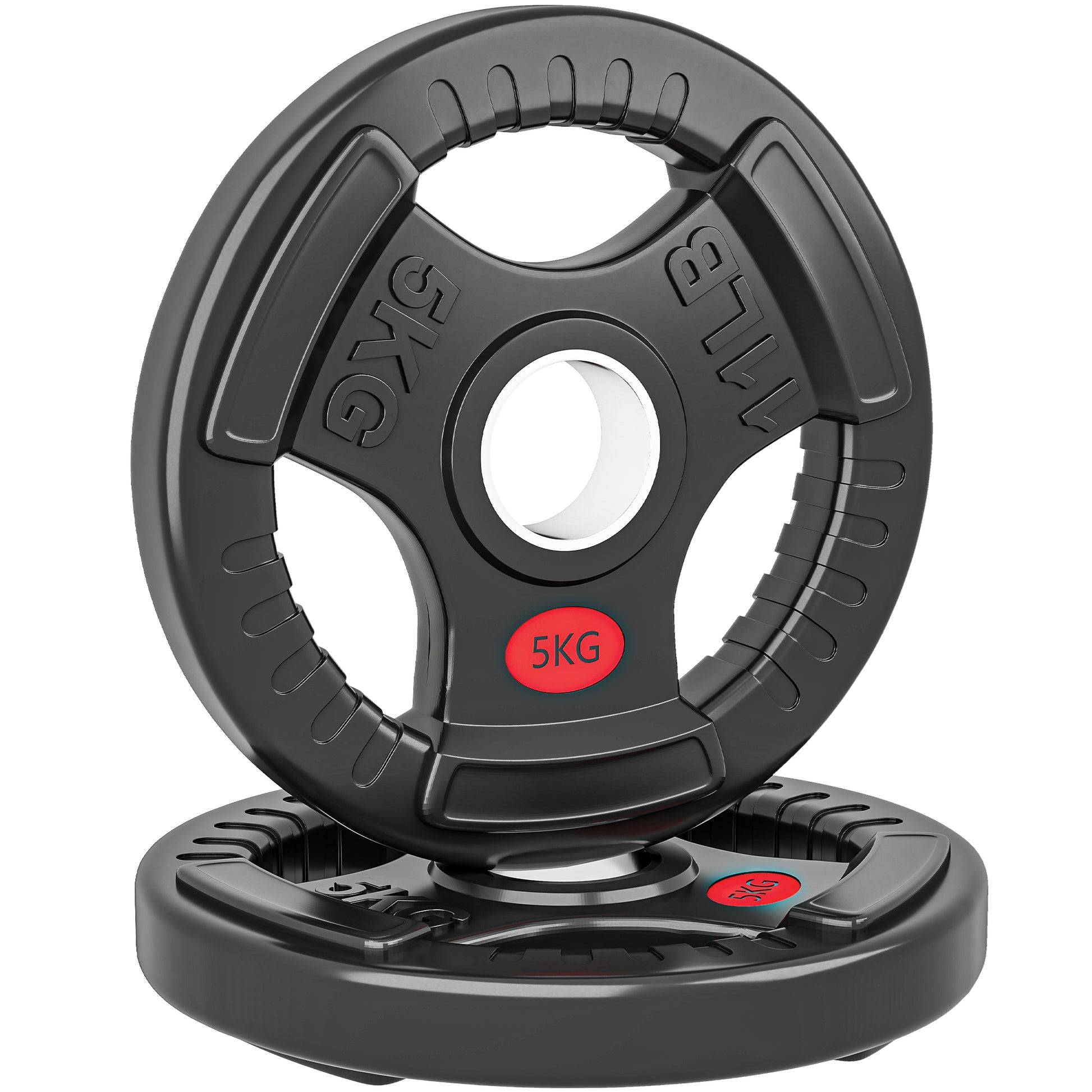 Photo of SPORTNOW Olympic Weight Plates, 2"/5cm Weight Disc Pair with Tri-Grips, 2 x 5kg Dumbbell Plates for Weightlifting and Strength Training Home Gym Fitness Workout, Black in Black colour on a white background