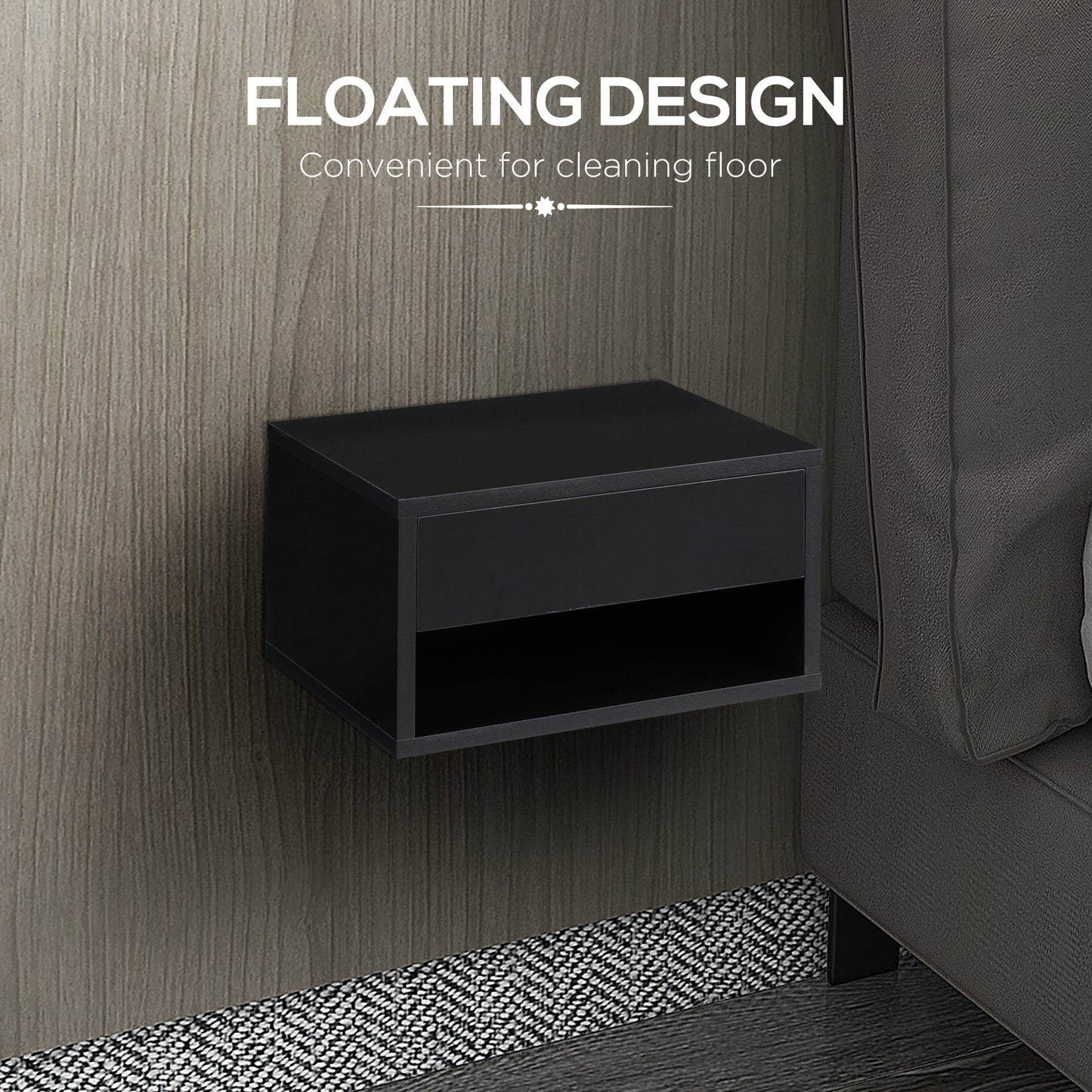 HOMCOM Floating Bedside Tables Set of 2, Wall Mounted Nightstand, High Gloss Black