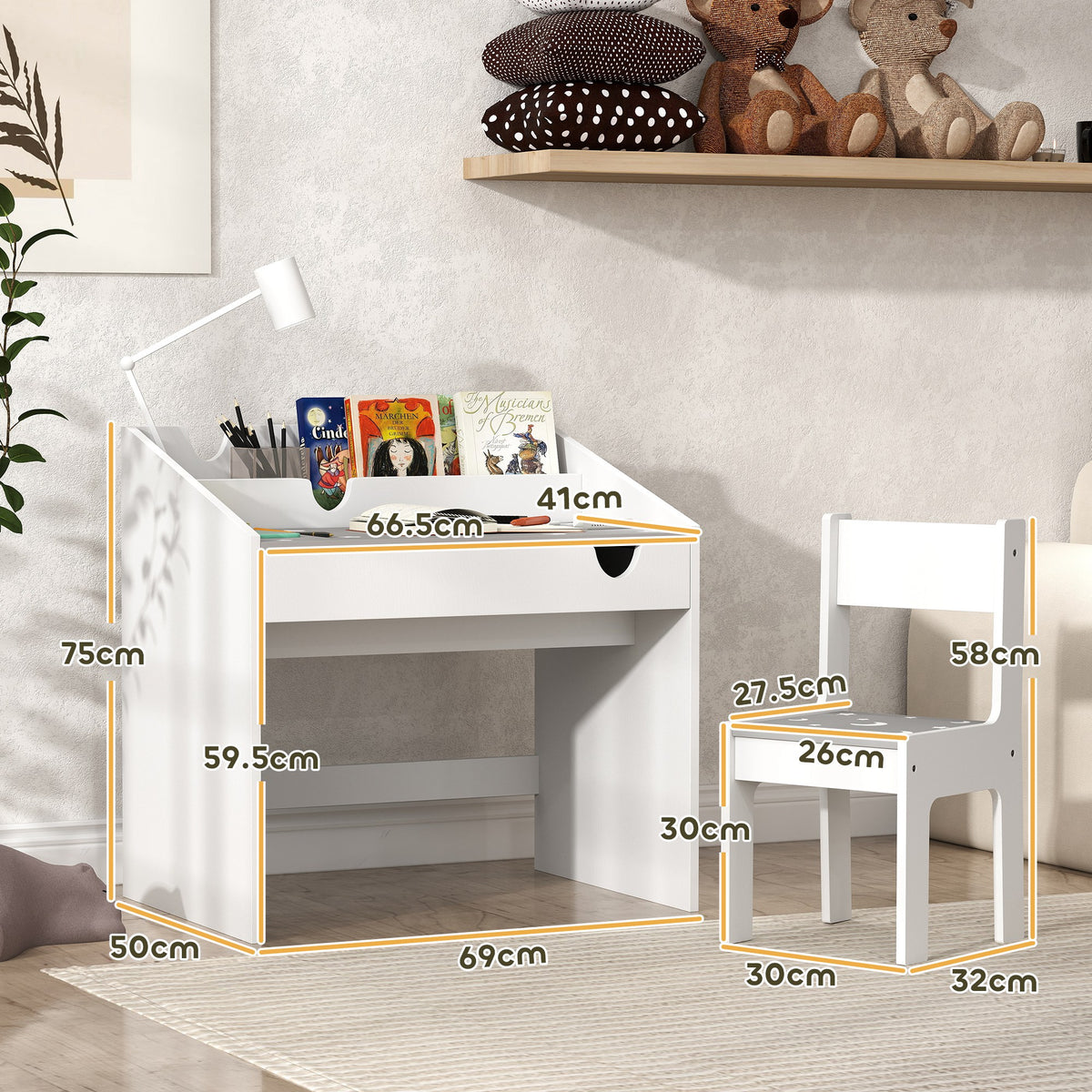 AIYAPLAY children's desk and chair set with measurements for the desk and chair