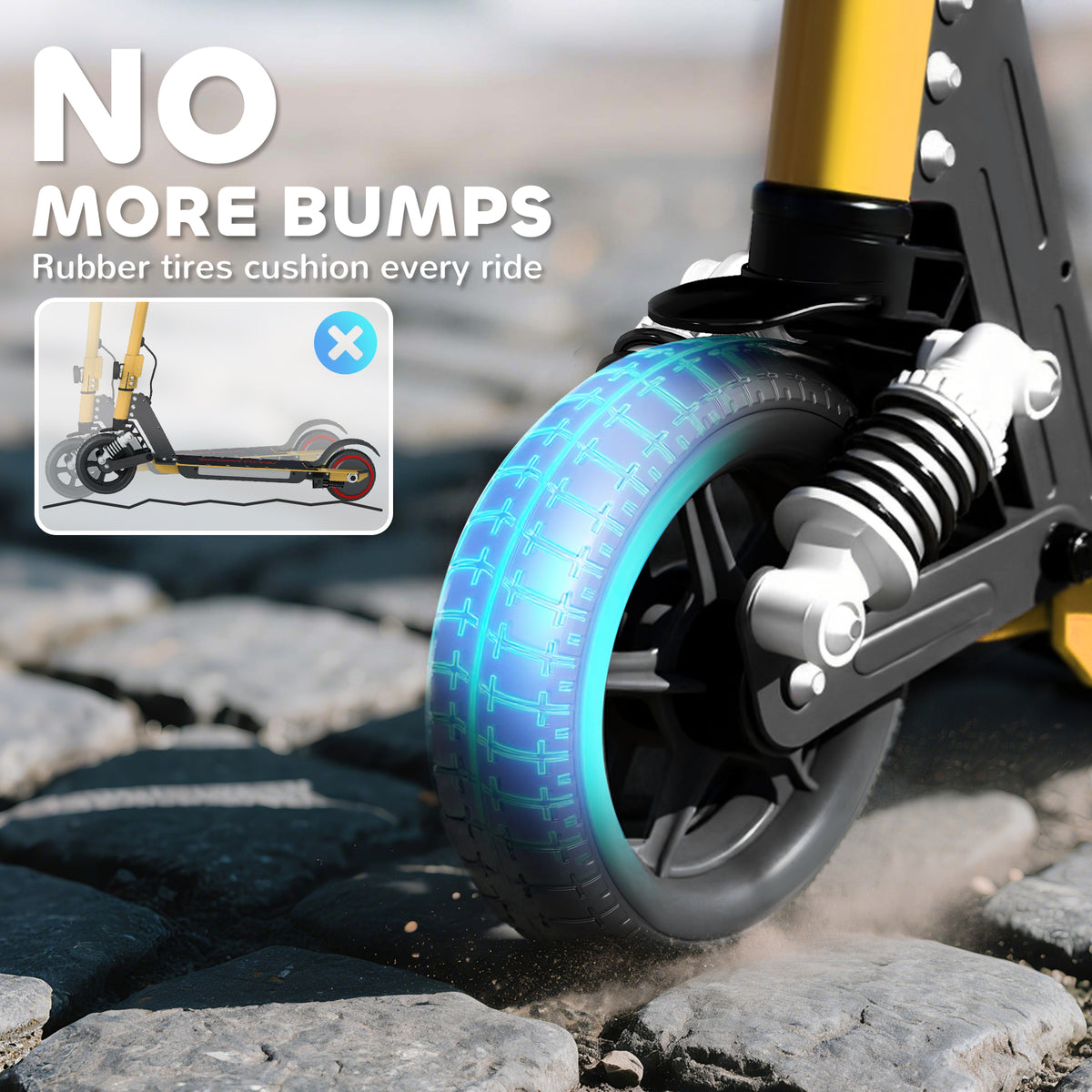 Close-up of the SPORTNOW scooter's rear tire and suspension spring