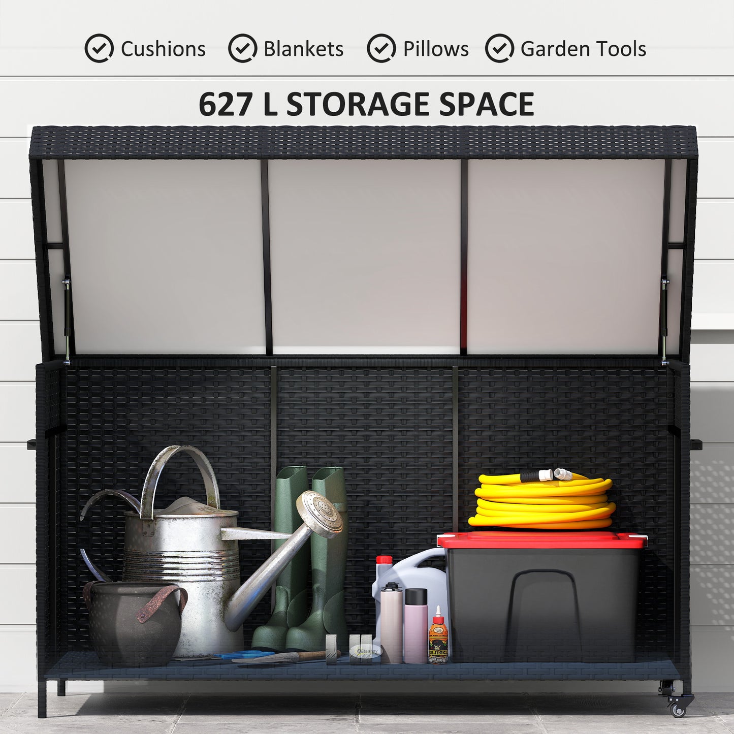 Outsunny 627L Rattan Storage Box with 2 Brake Wheels - Black